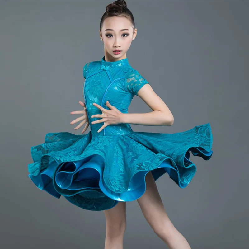 

Latin Dance Dress Lace Short Sleeve Competition Performance Clothes Rumba Cha Cha Samba Dancing Dresses Girls Dancewear DN3903