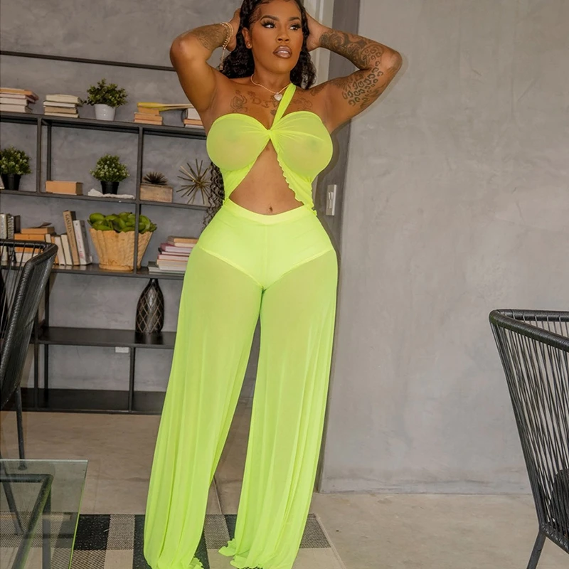 

Fashion Women Two Piece Bikini Set Off The Shoulder Strapless Hater Crop Top And Sheer Mesh See Through Loose Trousers Beack2021
