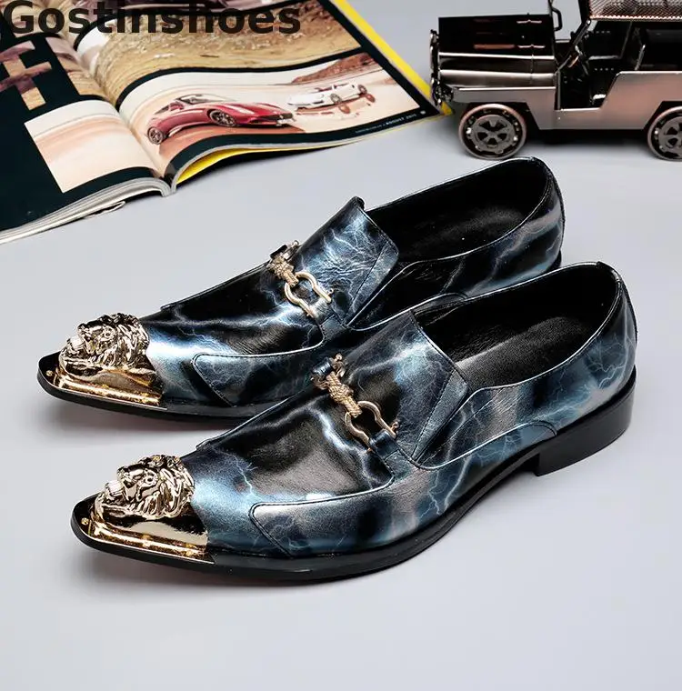 

Men Loafers Unique Style Genuine Leather Fashion Shoes Metal Capped Toe Pointed Slip-on Men Shoes Low Heel Rubber Outsole