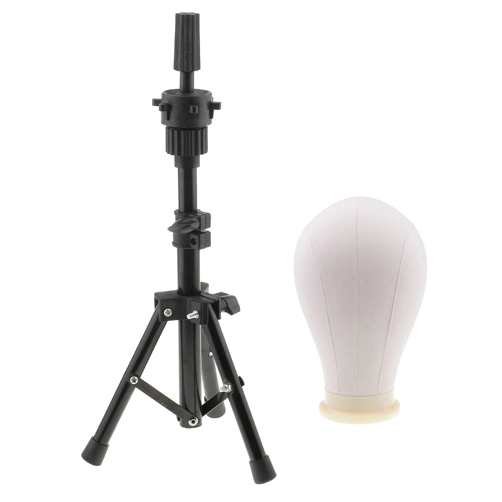 24’’ Beige Wig Making Styling Cork Canvas Block Mannequin Head Model with Metal Adjustable Wigs Head Stand Tripod Set