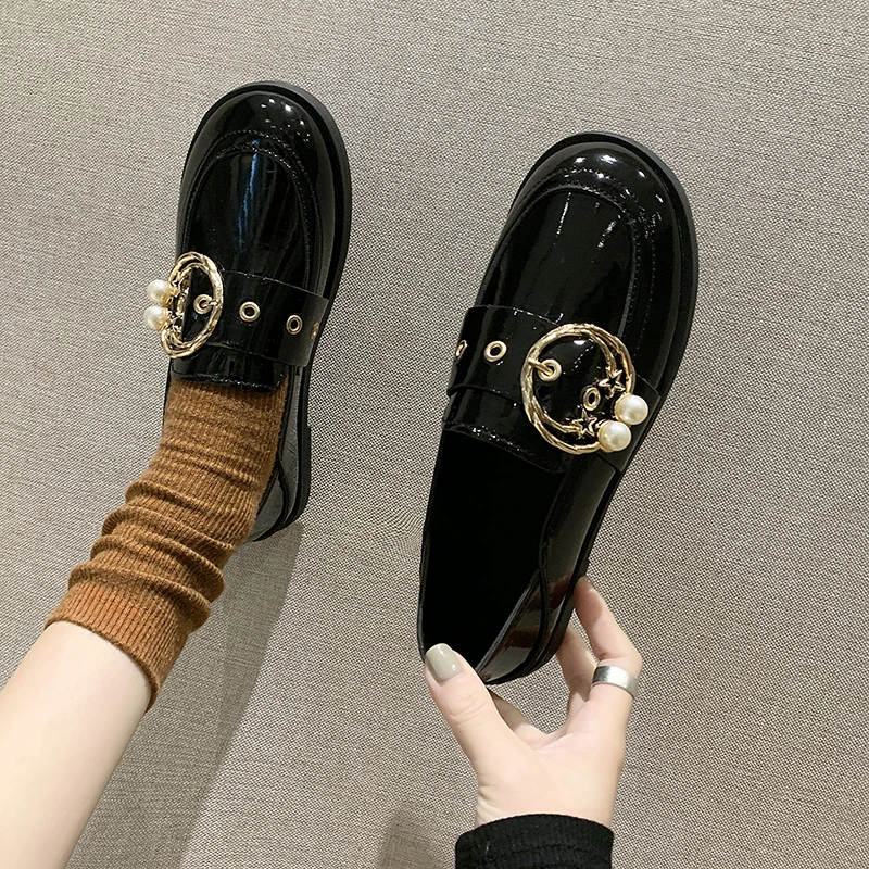 

women oxfords British Style Vintage Shoes 2020 new style metal decoration round toe Sleeve genuine leather Novelty