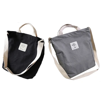 

2x Women Canvas Multifunctional Messenger Bag Ladies Shoulder Bags Bookbag Large Shopping Bag Tote Black & Gray