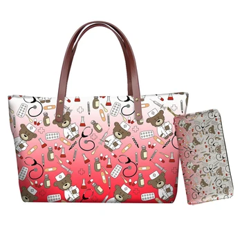 

WHEREISART 2pcs/set Women Nurse Bear Print Handbags Neoprene High Capacity Shoulder Top-handble Bags Female Leather Wallet