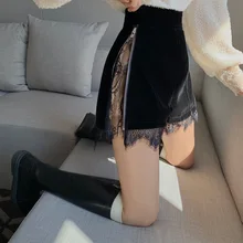 

2021 New Summer Women dark academia Lace Edge High Waist A-Line Shorts Female Velvet Zipper Wide Leg Shorts Black gothic goth