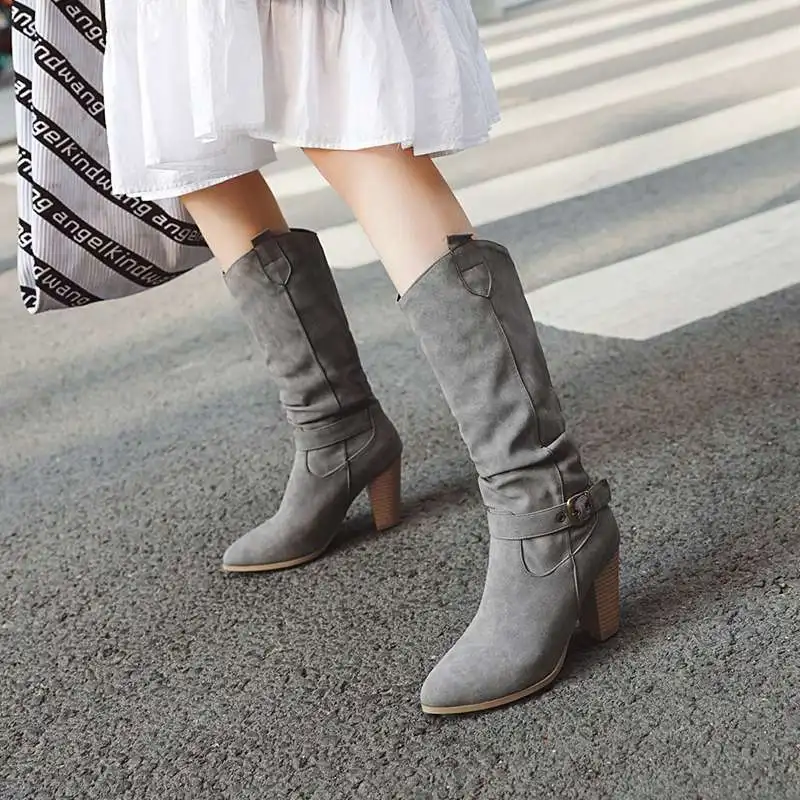 KemeKiss Mid-Calf Boots For Women Fashion Solid Color Thick Heel Shoes Women Buckle Short Boots Casual Mujer Footwear Size 34-47
