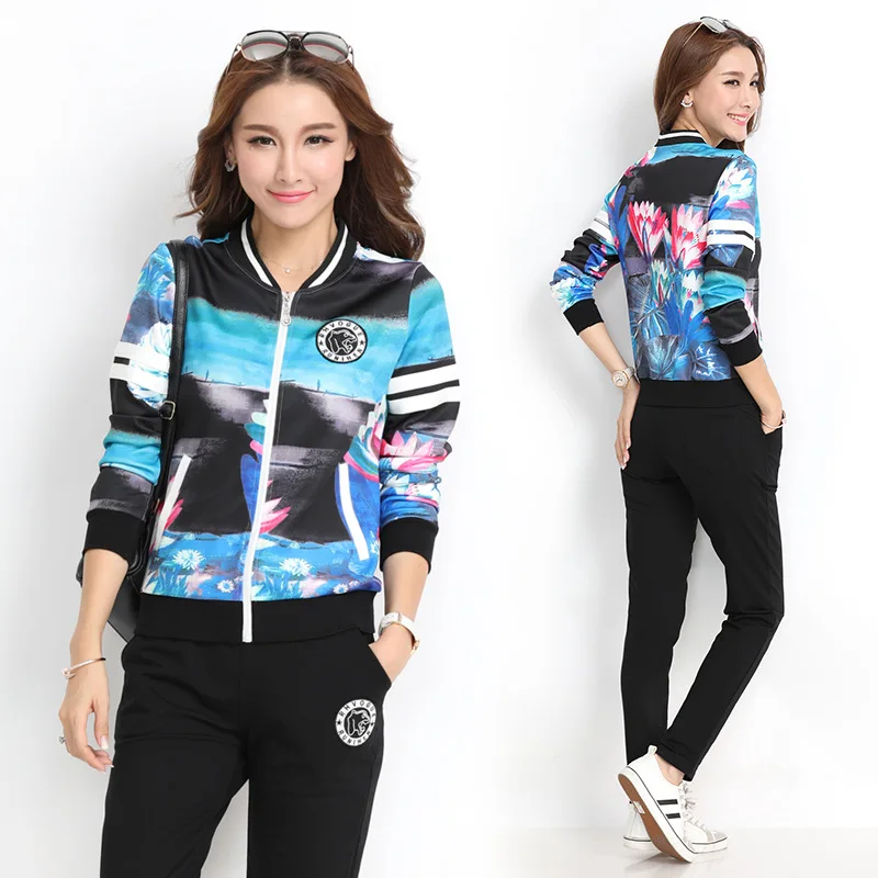 

Plus Size M-3XL Tracksuit Two Piece Outfits Women Long Sleeve Zipper Jacket Top and Pants Autumn Fashion Floral Print Sportswear