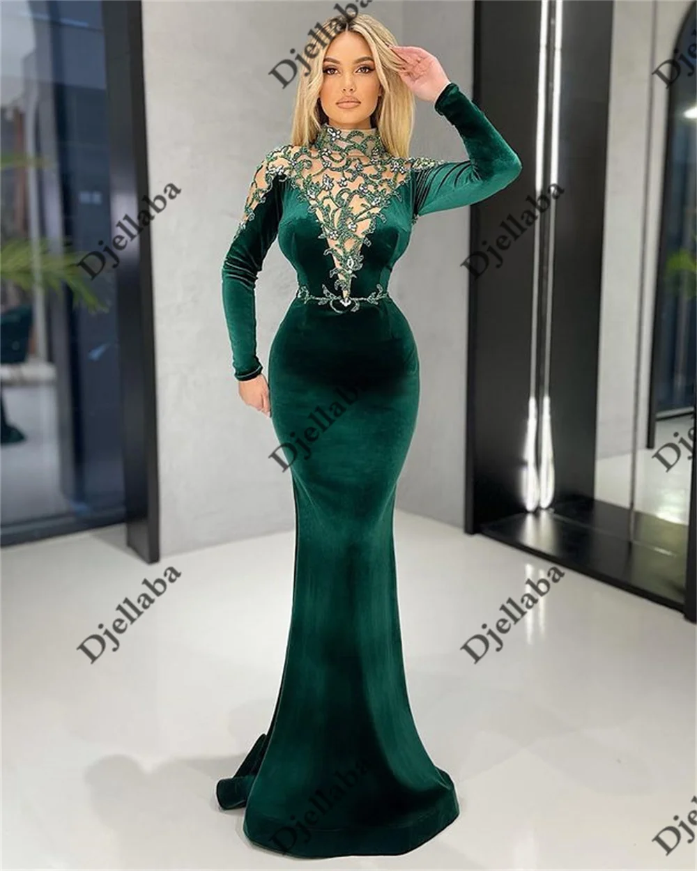 Luxury Green Velvet High Neck Long Sleeve Evening Dresses 2022 Mermaid Elegant Crystal Appliques For Women Party Gowns long evening gowns