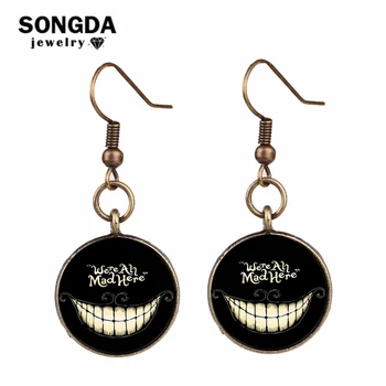 

SONGDA We're All Mad Here Smiling Cheshire Cat Earrings Glass Art Round Drop Earrings Alice in Wonderland Jewelry Christmas Gift