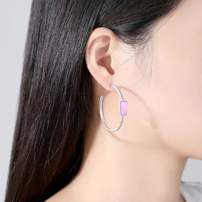 New Arrival Pink Acrylic Earrings Fashion Silver color CZ Zircon Crystal Hoop Earrings For Women Charm Jewelry