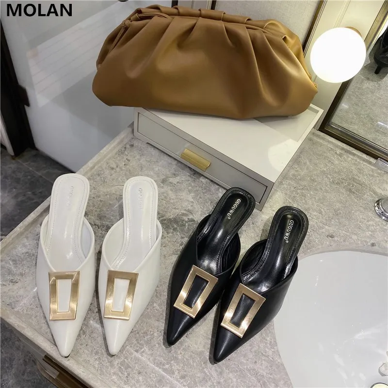 

MOLAN Brand Designers 2020 Spring Luxury Metal Buckle Decoration Kitten Heels Pointed Lady Pumps Loafers Mules Flip Flops Casual