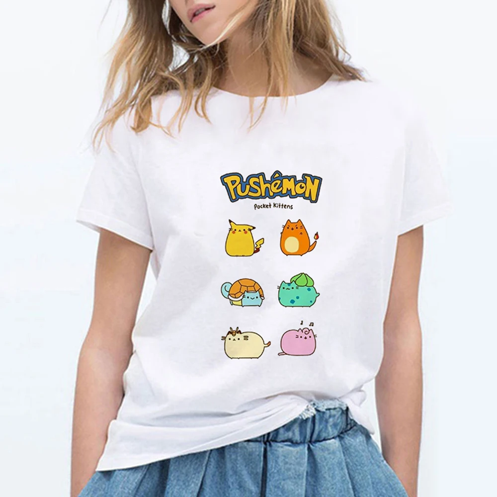 Новые модные женские туфли футболки Pokemon kawaii футболка аниме Pika Для женщин футболка Пикачу футболка хлопок короткий рукав для девочек Футболки-топы