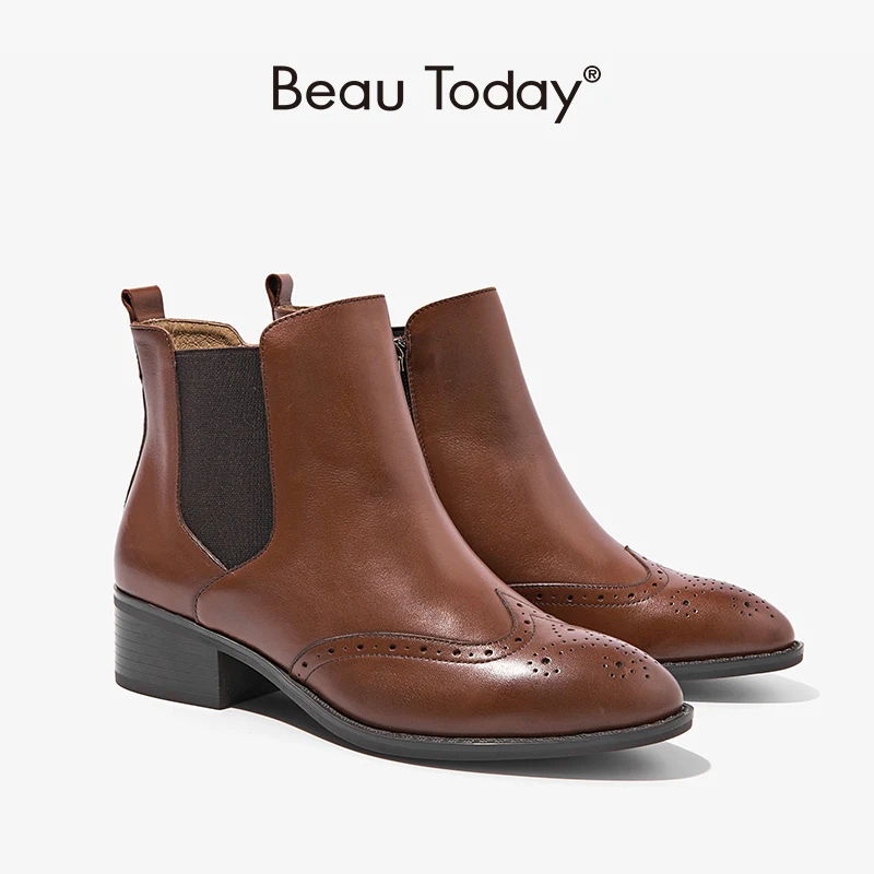 

Chelsea Women Boots Genuine Calf Leather Ankle Length Pointed Toe Wing Tip Brogue Style Women Shoes Handmade BeauToday 03241