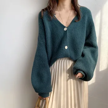

Autumn Winter Thick V Neck Sweater Cardigan Women Vintage Single Breasted Lantern Sleeve Knitted Cardigan Tops sous pull femme