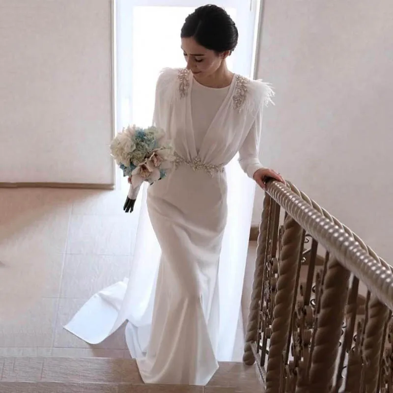 Лори Белый халат De Mariage Арабский мусульманский свадебное платье с длинным рукавом хиджаб с кристаллами невесты платье с перьями Vestidos de novia