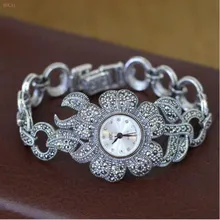 Серебро 925 Изысканные и Элегантные S925 тайские серебряные женские элегантные часы браслеты для женщин инкрустированные цирконием стиль