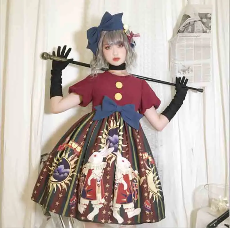 

Gothic Lolita Dress Vintage Circus Print Rabbit OP Bow Bunny Red Blue Short Sleeve Student Dress For Women Girls Plus Size XL