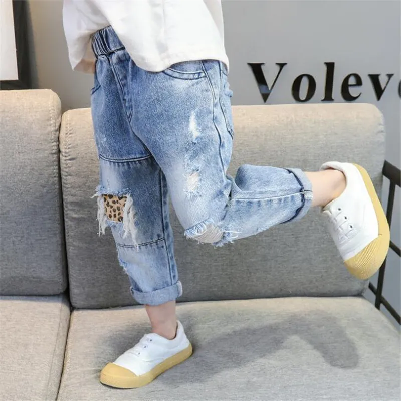 Джинсы с леопардовым принтом для мальчиков штаны из денима дырками девочек и