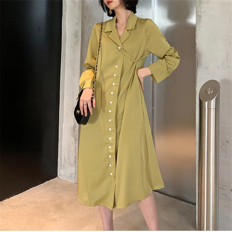 

HziriP Early Autumn French Vintage Solid All Match Plus Size Feminine Office Ladies Fashion Pleated Retro Satin Long Dresses