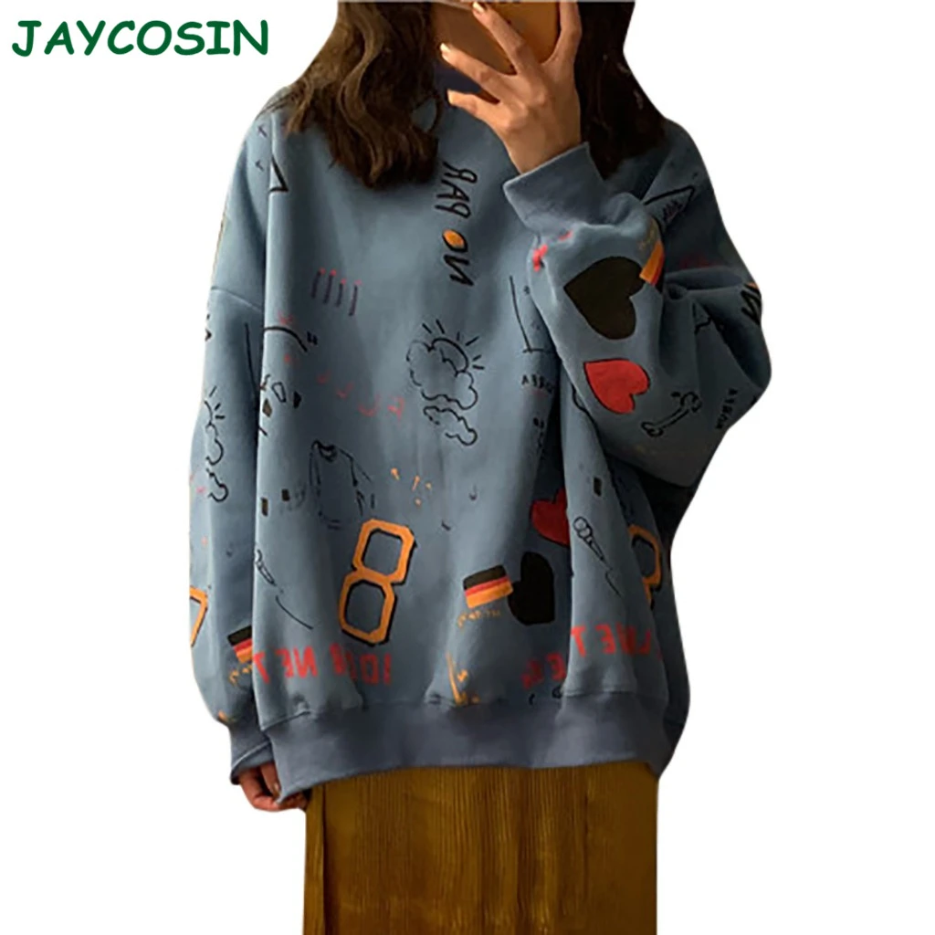 Jaycosin ملابس النساء موضة س الرقبة الكرتون بلوزة يمكن الطباعة عليها المرأة عادية فضفاض طويل بلوزة بلايز البلوز Feminino 1011 Hoodies Sweatshirts Aliexpress