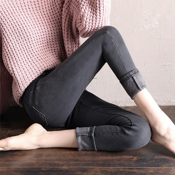 gray gray fleece Зимние черные джинсы женские модные теплые утепленные джинсовые брюки яркие облегающие флисовые Джинсы женские серые джинсовые брюки P9159 - Цвет: gray gray fleece