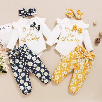 

Newborn Baby Girl Long Sleeve Letter Romper + Long Pants Bow Hair Band Fall Outfits 0-18M