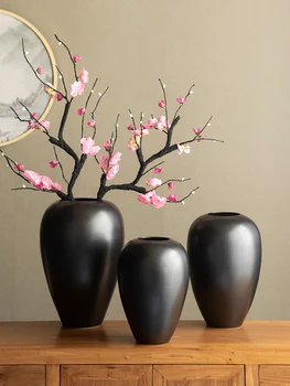 

YILUNXI Vintage black ceramic vase decoration living room dried flowers arrangement new Chinese large clay pot black color