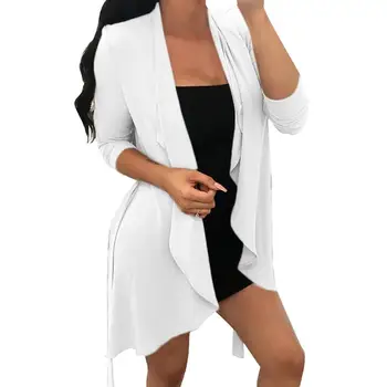 

Fashion Lady Solid Color Long Sleeve Belt Irregular Wind Coat Cardigan Outwear