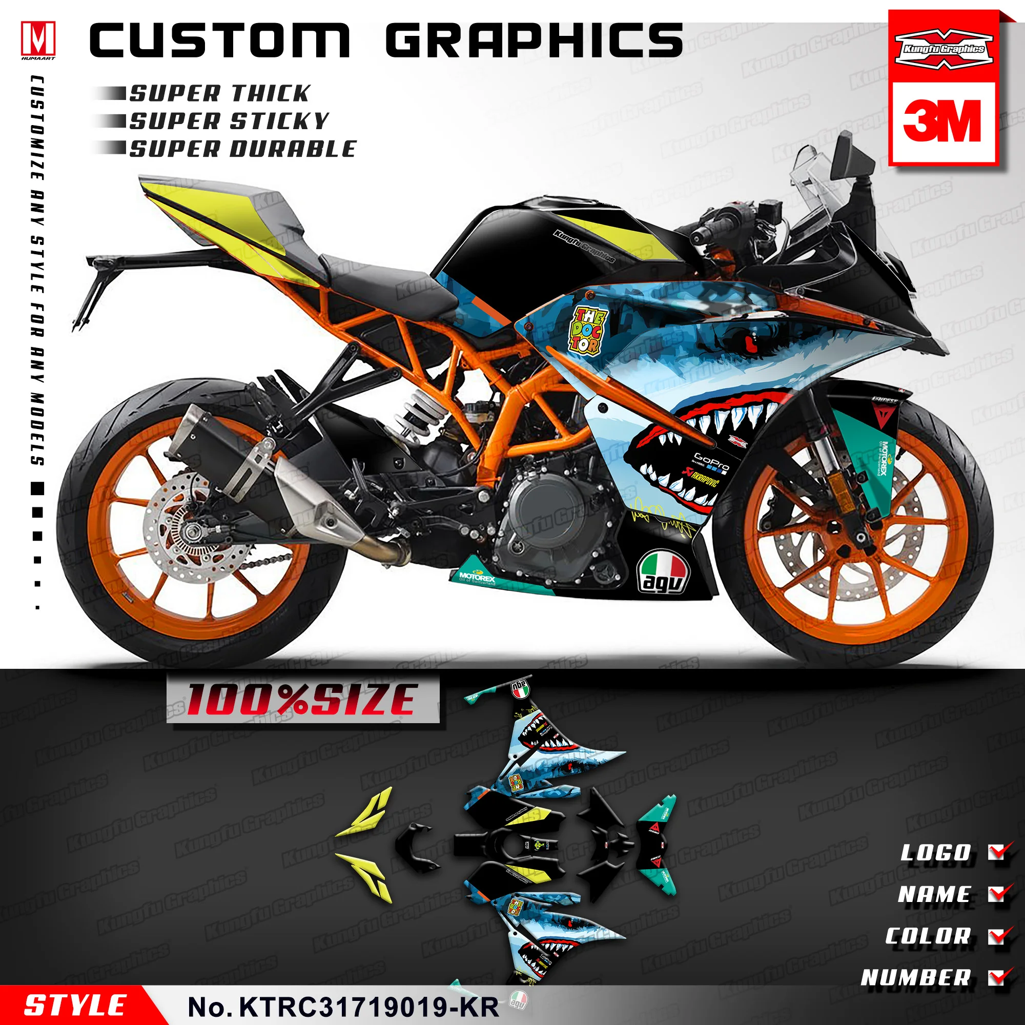 Набор наклеек KUNGFU GRAPHICS Racing для KTM RC 125 200 250 390 RC125 RC200 RC250 RC390 2014 2015 2016 2017 2018 2019 Shark |