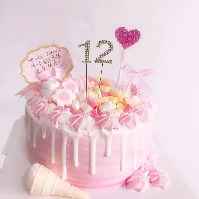 

1Pc Glitter Alloy Rhinestone Number Cake Toppers Baby Shower Birthday Decoration Wedding Gold Silver Digital Cakes Dessert Decor