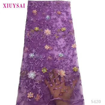 

Nigerian Wedding Lace 2020 New Design purple 3D Flowers African French Net Mesh Sequin Lace Fabric High Quality For Dresses S420