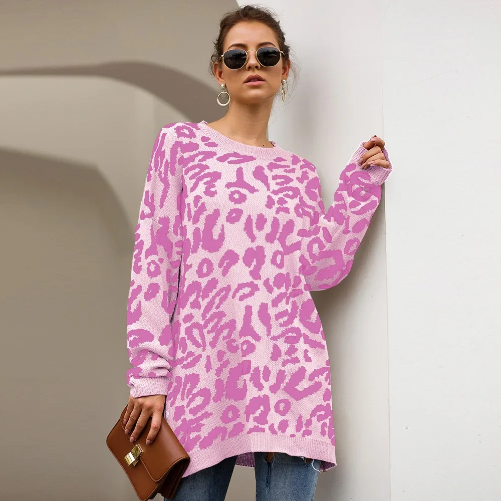Womens Sweaters 2019 Winter Tops Leopard Print Long Sleeve Crew Neck Knitted Oversized s-xl Pullover dropshipping | Женская одежда