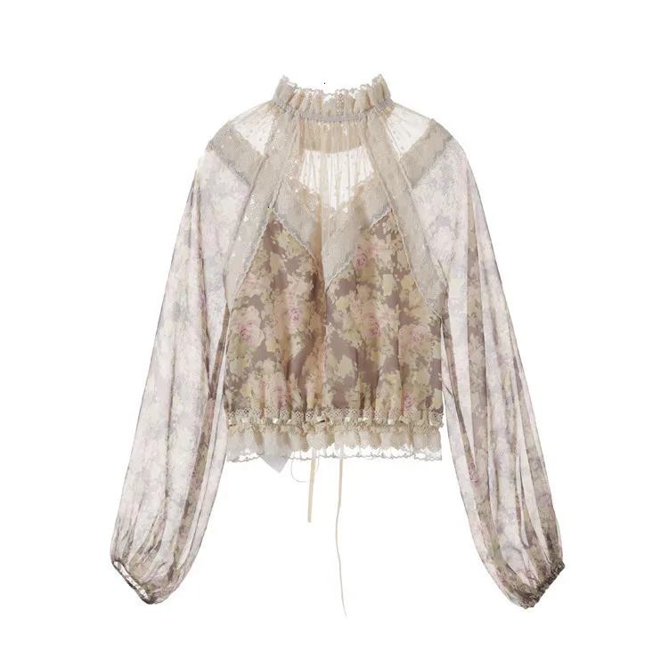 Осень новая сетчатая рубашка из шифона фонарь рукав женская футболка с принтом короткая рубашка женская