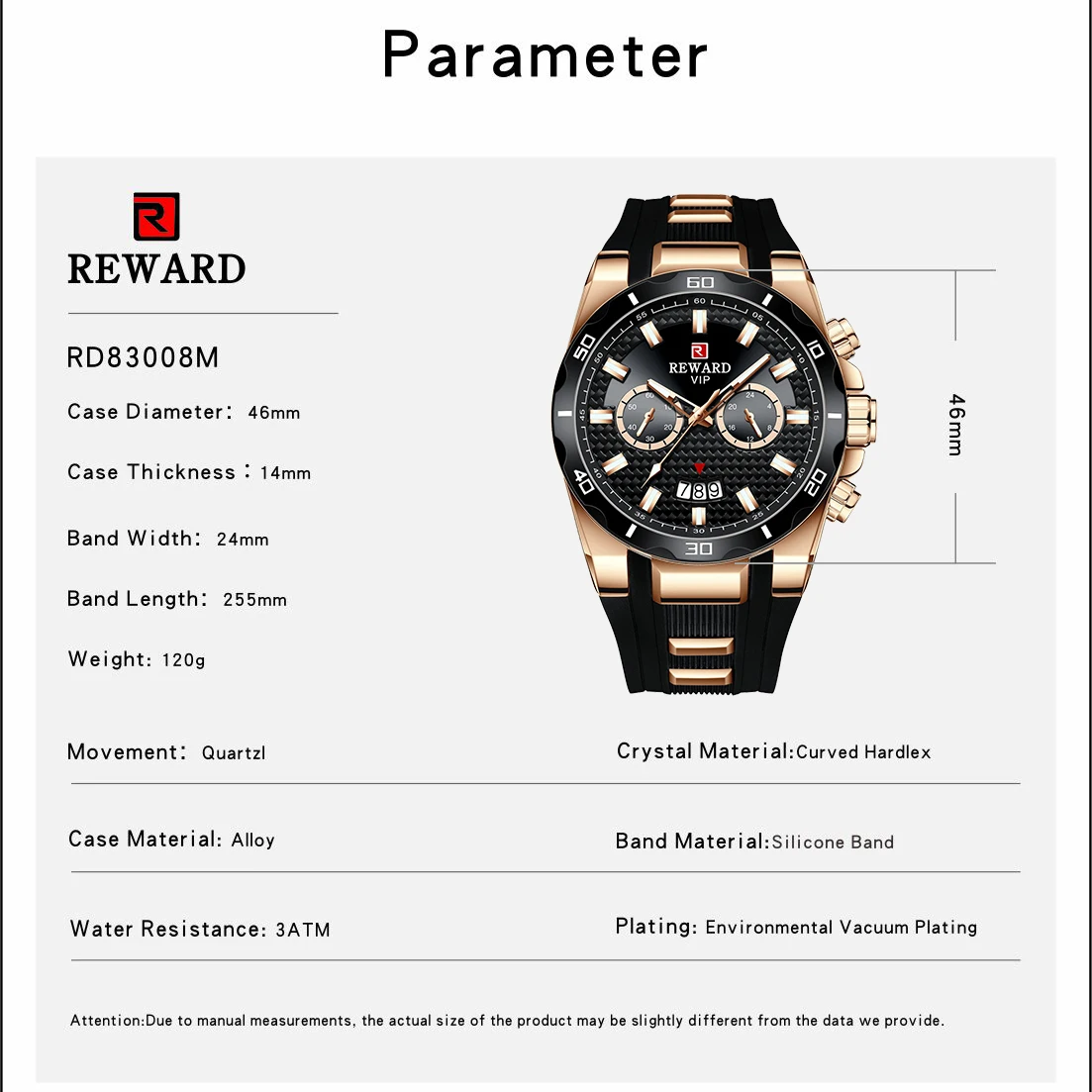 REWARD Sport Series Men's Quartz Watch Woven Shape Dial Calendar Display Black Silicone Band Rose Gold Stainless Steel Case