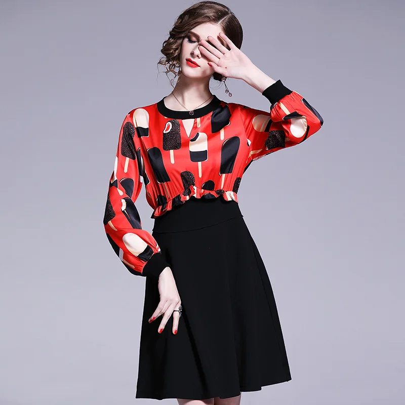 

Spring 2020 new European and American women's printed and spliced fit dresses Chiffon Dress