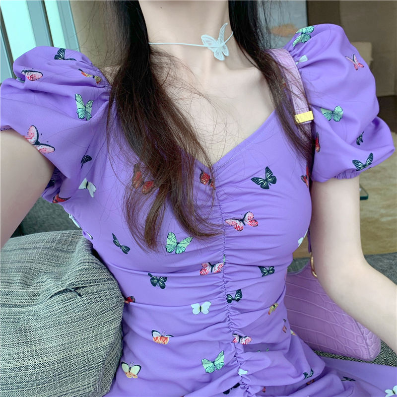 Puff Sleeve Butterfly Design Dress