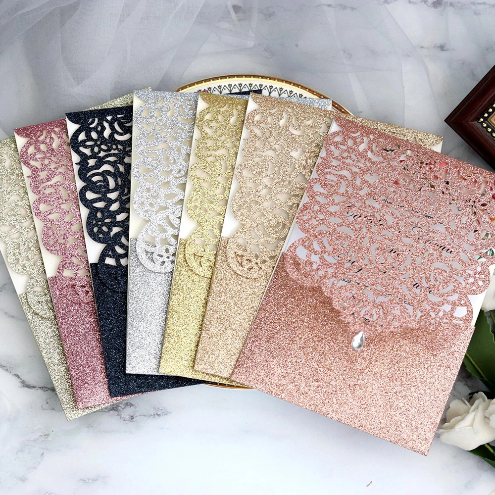  10pcs Pearl paper Business Invitation Glitter Openwork Pocket Rose Lace Invitation Card Wedding Inv - 4000595224951