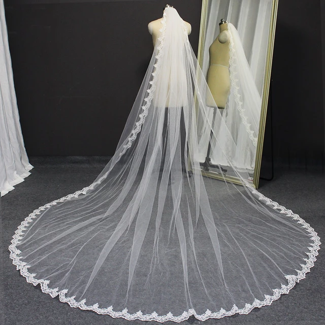 Janes Dress Studio Long Lace Wedding Veil 3 Meters Long Cathedral Bridal Veil with Hair Comb