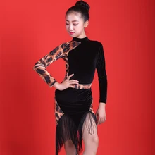 Латинский танец платье зимние Бархатные леопардовые печати бахрома юбка Девушки Сальса ча Румба Самба Танцы платье практическая одежда DNV12331