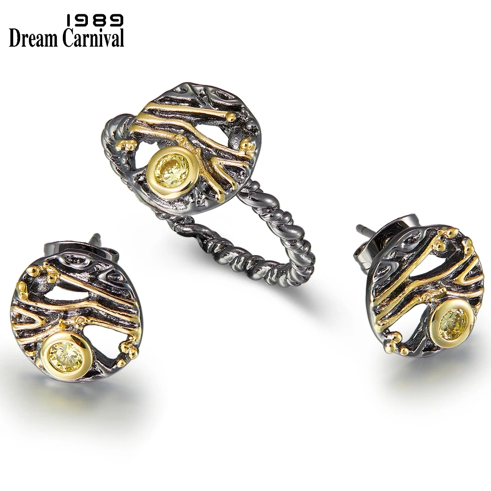 WE3958S2 Dreamcarnival 1989 New Universe Look Earrings and Rings Set For Women Black Gold Color Hot Pick Zircon Saturday Jewelry (1)