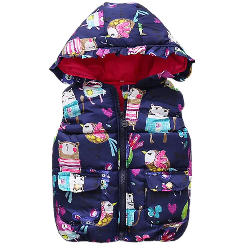 Осенне-зимний жилет для маленьких девочек теплая детская куртка с милым рисунком От 1 до 4 лет жилет с капюшоном и принтом, верхняя одежда хлопковая детская одежда