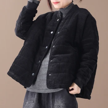 

[EWQ] 2020 Winter New Pattern Round Collar Long Sleeve Solid Color Patchwork Striped Single Breasted Vintage Corduroy Coat AH591