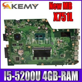 

Akemy X751LB Mainboard For ASUS X751LJ X751LB A751L X751L Laptop motherboard I5-5200U 4GB-RAM GT920M EDP screen