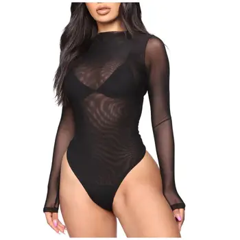 

Slim Women Jumpsuits Sexy Fashion Solid Color Rompers See Through Long Sleeve Bodysuit Ropa Mujer 2020 New Hot Drop Shipping E