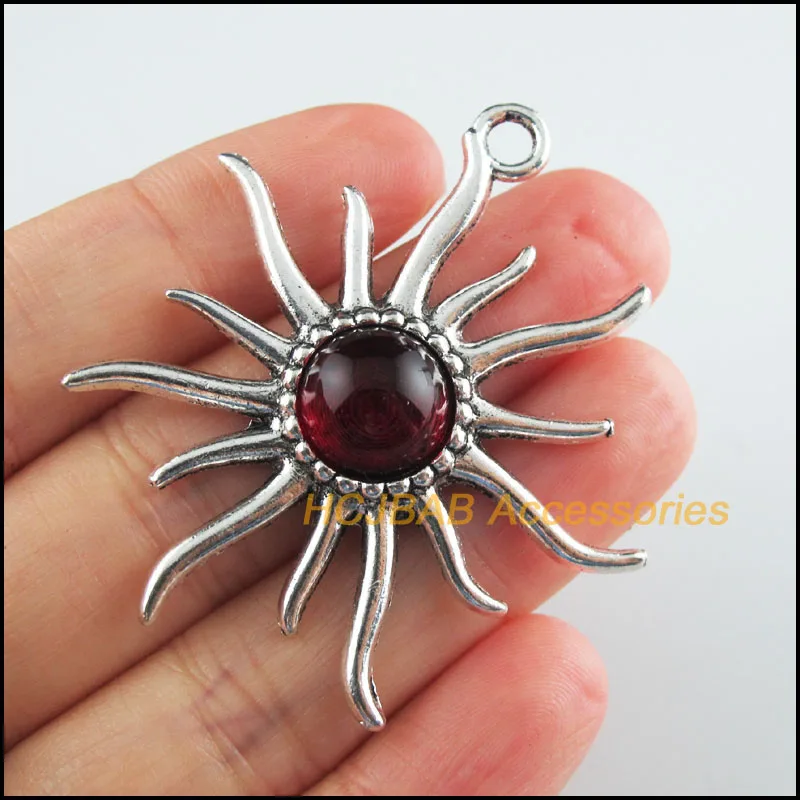 

4Pcs Tibetan Silver Tone Sunshiny Red Glaze Charms Flower Pendants 47x51mm