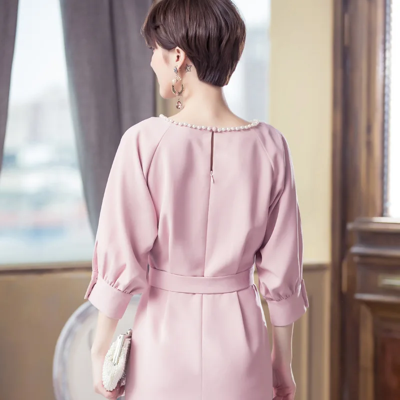 Cui ying Cuiying2018 Весна и лето ручной работы бисером вырез лодочкой Slim Fit Лук похудение фонарь рукав платье