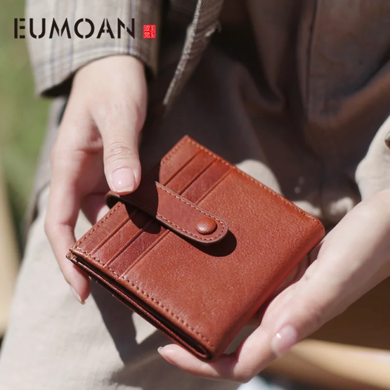 

EUMOAN Leather folding small wallet, women's short small slim wallet, simple card wallet all-in-one