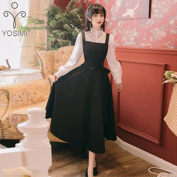 

YOSIMI 2 Piece Outfits 2020 Autumn Winter Women Full Sleeve Cotton Cad Lace White Shirt and Black Strap Dress Skirt Set Mid-calf