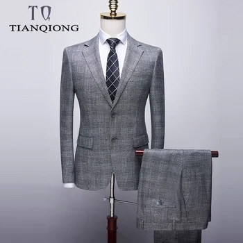 

2019 Men's Boutique Suit Slim Fit Wedding Suits Grey Plaid Men High Quality Wedding Business Formal Suits Elegant Two Piece Set