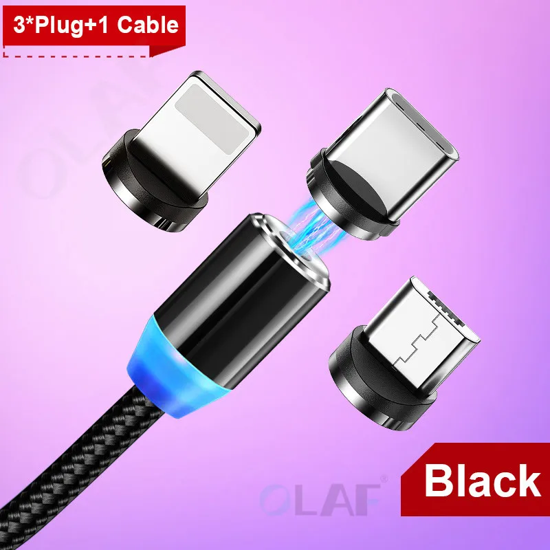 Олаф 2 м Магнитный Micro USB кабель для iPhone samsung Android мобильный телефон Быстрая зарядка usb type C кабель магнит зарядное устройство провод шнур - Цвет: 3 Plug 1 Cable Black