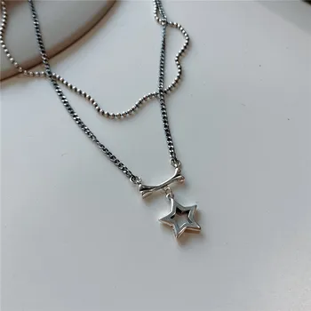 

RUIYI 925 Sterling Silver Simple Design Double Layer Ball Chain Necklace Women Star Pendant Female Fine Jewelry Necklace Gifts